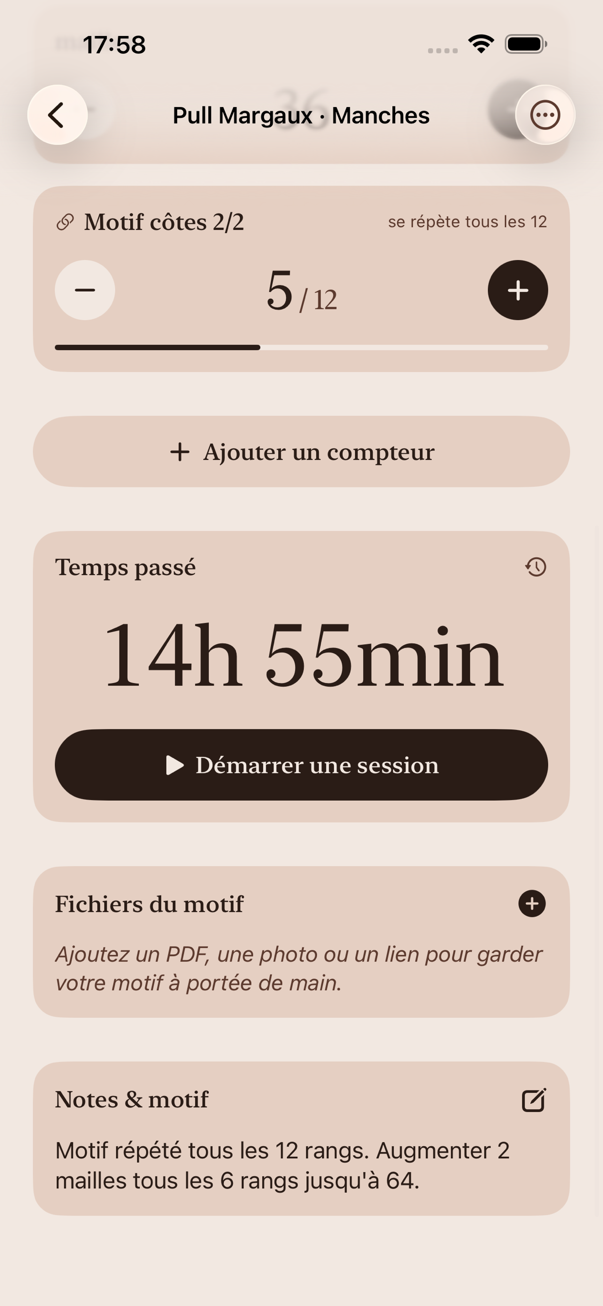 Écran notes et patron d'un projet, avec un compteur de motifs, une carte temps passé avec bouton Démarrer une session, et fichiers de patron.