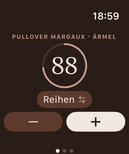 Apple-Watch-Bildschirm mit dem Reihenzähler bei 88, mit Fortschrittsring und Plus- und Minus-Tasten.