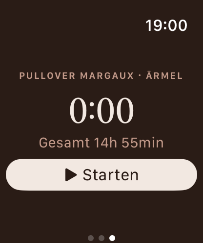Apple-Watch-Stoppuhr-Bildschirm mit einer laufenden Strick-Session.
