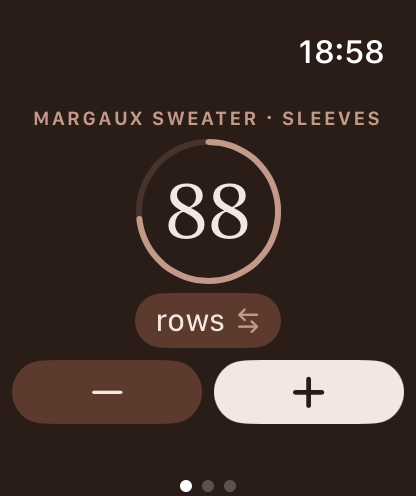 Ecrã de Apple Watch mostrando o contador de carreiras em 88, com anel de progresso e botões mais e menos.