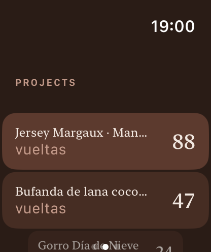 Pantalla de lista de proyectos en Apple Watch con varios proyectos para elegir.