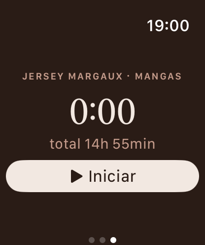 Pantalla de cronómetro de Apple Watch mostrando una sesión de tejido en curso.