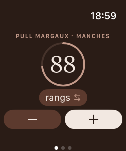Écran d'Apple Watch montrant le compteur de rangs à 88, avec anneau de progression et boutons plus et moins.