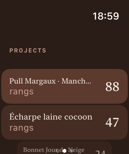Écran de liste de projets sur Apple Watch avec plusieurs ouvrages au choix.