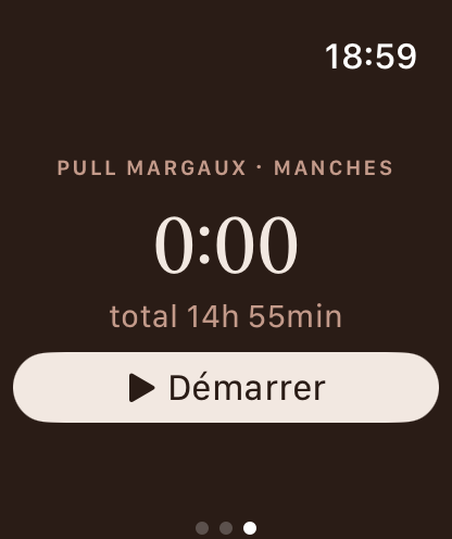 Écran de minuteur d'Apple Watch affichant une session de tricot en cours.